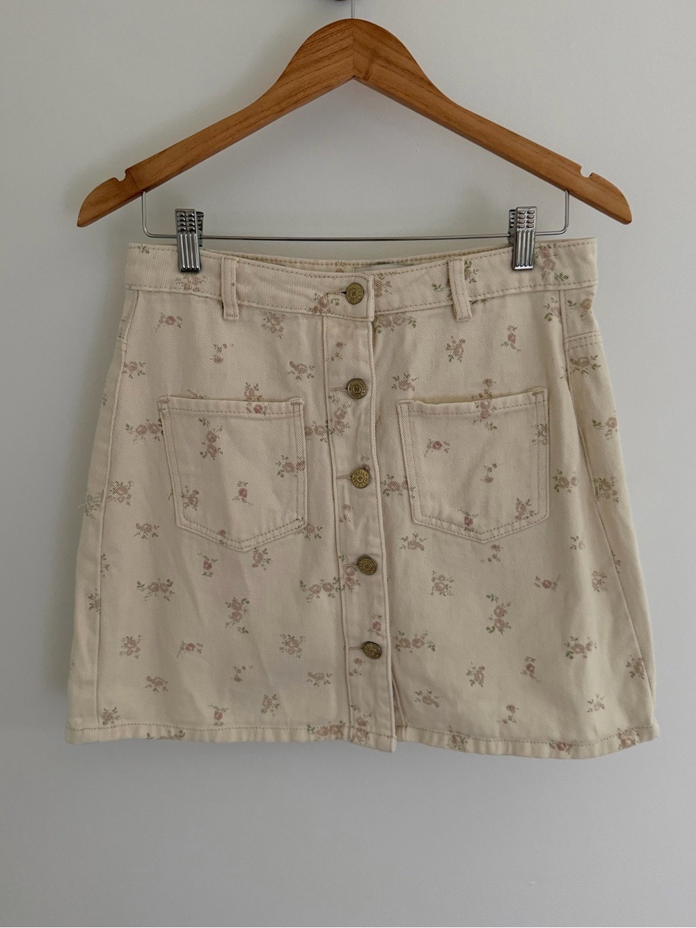 Molly Bracken Floral Denim Mini Skirt M Cream Cottagecore Button Front